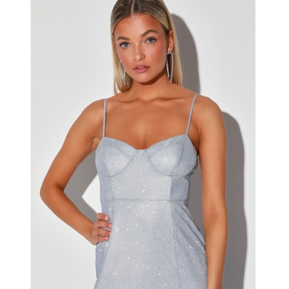 Light Blue Glitter Bustier Maxi Prom Formal Dress